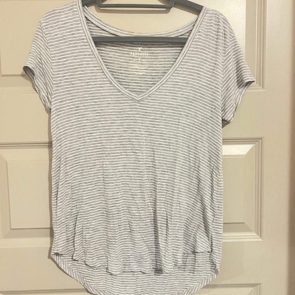 American Eagle Outfitters Gray Striped V-Neck Tee